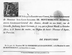 Oproep voor de begrafenis van Alexandre de la Rochefoucauld - Familiearchieven door Unknown artist