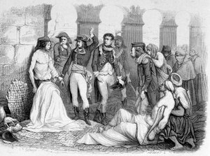 Campagne (Expeditie) van Egypte (1798-1801): Generaal Bonaparte bezoekt het pestziekenhuis in Jaffa, Egypte. Gravure 19e eeuw