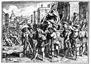 Spotprent over Paus Innocentius I tijdens de invasie en plundering van Rome door Alarik I, Koning van de Visigoten, in 410 (Plundering van Rome). Gravure in De Kroniek van Goffredo door Unknown artist