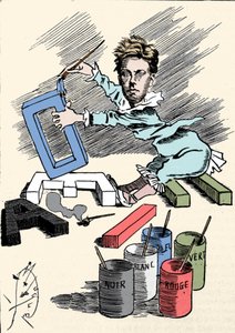 Cartoon van de dichter Arthur Rimbaud die alfabetletters met verf bedekt. Gravure uit 
