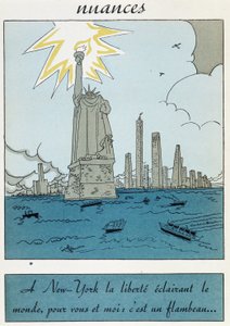 Cartoon van het Vrijheidsbeeld in de Verenigde Staten: "Vrijheid in New York verlicht de wereld, voor jou en mij is het een fakkel"