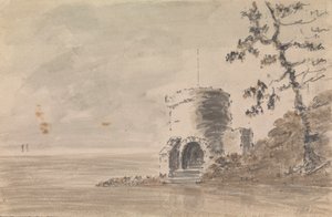 Kasteelruïne in landschap met een meer door Unknown artist