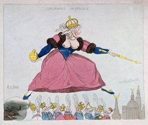 Catherine-II springt van Rusland naar Constantinopel over Europese vorsten, karikatuur, late 18e eeuw door Unknown artist