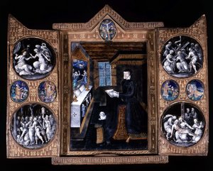 Catherine de Medici (Caterina de Medici) (1519-1589) in gebed - triptiek email en leer door Unknown artist