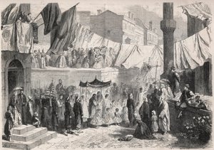 Katholieke processie in de straten van Constantinopel ter gelegenheid van het Fête-Dieu - Gravure in 