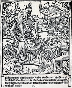 Ketels vol kokende olie en lood waarin duivels de hebzuchtigen onderdompelen om hen dronken te maken van hun slechte hebzucht. Beschrijving van Lazarus van de hel. Facsimile van 