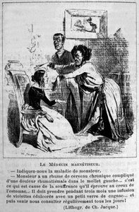 Charlatanisme: satire over het raadplegen van hypnose magnetiseurs om ziekten te behandelen. Naar een lithografie van Jacque. 19e eeuw