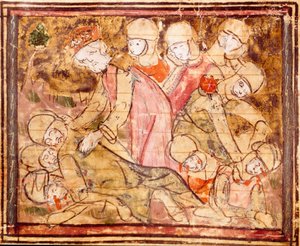 Karel de Grote (742-814) vindt het lichaam van zijn neef Roland die stierf in de Slag bij Roncesvalles Miniatuur uit 