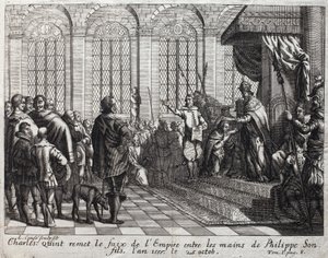 Karel V (1500-1558) droeg het keizerlijke ambt over aan Filips II (Felipe) (1527-1598), zijn zoon, op 25 oktober door Unknown artist
