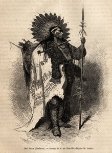 Chief Yellow Moccassin, van de Crow Indianenstam, woonachtig langs de Lewis River. Gravure ter illustratie van een excursie onder de indianenstammen van de bekkens van Colombia en Boven-Missouri, door G. Catlin, in 1855, gepubliceerd in Le tour du monde door Unknown artist