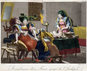 Bevalling in Griekenland - gravure, eind 19e eeuw door Unknown artist