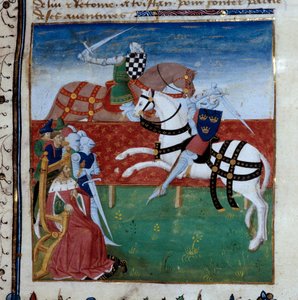 Ridderlijk toernooi tussen Tristan en Palamede. Miniatuur uit het manuscript 