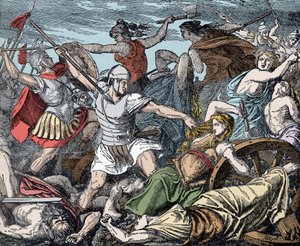 Cimbrenvrouwen verdedigen hun wagenfort - Romeinse oudheid, Cimbrenoorlog: het offer van Cimbrenvrouwen tegen Romeinse soldaten