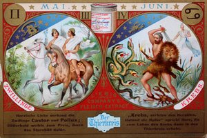 Verzamelaarsafbeelding serie De Dierenriem, mei en juni, Tweelingen en Kreeft door Unknown artist
