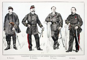 Commandanten van de gemobiliseerde vredeshandhavers (divisie-inspecteurs), van links naar rechts: Mr. Foucault, Mr. Giobergia, Mr. Vassal, Mr. Archer. Kleurenets, voor illustratie 