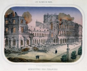 Commune van Parijs: Brand in het Ministerie van Financiën (ten tijde van de Tuilerieën) op 24 mei 1871. Gravure uit de 19e eeuw.