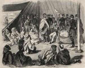Verovering van Algerije: expeditie naar Groot Kabylia in 1857. Onderwerping van de Kabyle stam van Beni-Raten door het Franse leger. Gravure in 