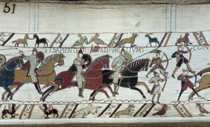 Verovering van Engeland door de hertog van Normandië Willem de Veroveraar (1027-1087) in 1066: het begin van de Slag bij Hastings (detail)