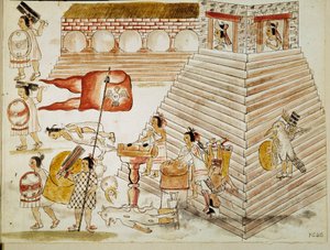 Verovering van Mexico: vernietiging van Tenochtitlan, hoofdstad van het Azteekse rijk, door de legers van de conquistador Hernan Cortes (Hernando Cortez) (1485-1547) op 24/06/1520. Miniatuur uit een manuscript door Unknown artist