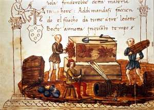 Constructie van een bom (mortier) in de 15e eeuw. Uit het wiskundeboek van Giuliano de 