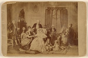 [Kopie van een onbekend kunstwerk: een zittende vrouw, met haar voet op een kussen, wordt bediend]. door Unknown artist