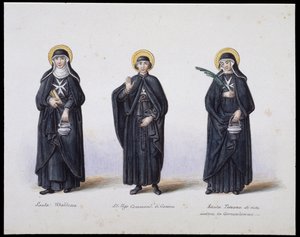 Kostuums: 1. Santa Ubaldesca, 2. St Ugo Commendant di Genova, 3. Santa Toscana di vita. 19e eeuw