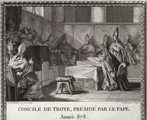 Raad van Troye op 7 september 878. In mei 878, paus Johannes VIII bedreigd door Saracenen en Italiaanse edelen, kwam onderdak zoeken in Arles onder hertog Boson en zijn vrouw Ermengarde. Hij begeleidt hem naar Troyes waar een grote raad wordt georganiseerd door Unknown artist