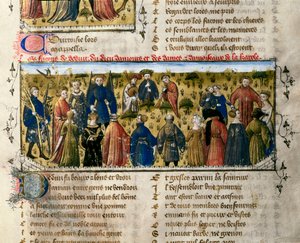 Hofvermaak: dansen en spelen. De scène vindt plaats in aanwezigheid van de goden van Liefde, Schoonheid, Bevrijding, Franchise, Hoffelijkheid en Jeugd. Miniatuur uit "De Roman van de Roos".