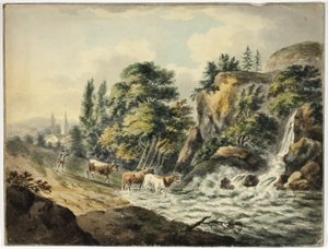 Koeherder naar de rivier gedreven door Unknown artist