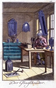 Ambacht: de kristalmaker in zijn werkplaats. In "Uitgebreide beschrijving van kunsten en ambachten en werkplaatsen voor jongeren" door Johan Peter Vue. Ed. Neurenberg, Weigel en Schneider door Unknown artist