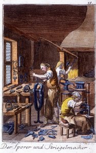Ambacht: de spoor, de fabrikant van krimpborstels in hun werkplaats. In "Uitgebreide beschrijving van kunsten en ambachten en werkplaatsen voor jongeren" door Johan Peter Vire. Ed. Neurenberg, Weigel en Schneider
