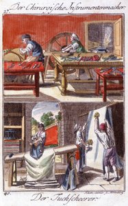 Ambachten: fabrikant van chirurgische instrumenten (boven) en schedebekleder (onder) in hun werkplaats. In "Uitgebreide beschrijving van kunsten en ambachten en werkplaatsen voor jongeren" door Johan Peter Vue. Ed. Neurenberg, Weigel en Schneider door Unknown artist