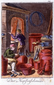 Ambachten: de koperslager in zijn werkplaats. In "Uitgebreide beschrijving van kunsten en ambachten en werkplaatsen voor jongeren" door Johan Peter Vue. Ed. Neurenberg, Weigel en Schneider
