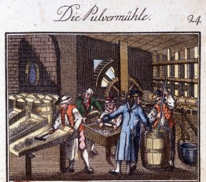 Ambachten: de poedermaker in zijn werkplaats. In 