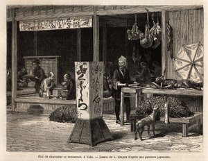Klanten eten zittend op het podium van een restaurant en de buurman van een slager presenteert aan voorbijgangers, onder een grote bamboe klokkenkap, een zwijn, hangend, zijn mooiste stukken wild, zoals de eekhoorn, de haas of de aap, waarvan de klimmende 