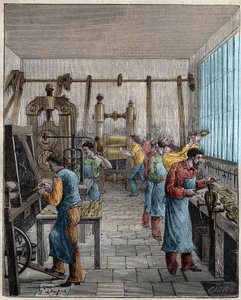 Bestekfabriek (Posate) in Frankrijk in de 19e eeuw. Gravure uit 1885 in “Les arts et métiers illustrés” door Adolphe BITARD door Unknown artist