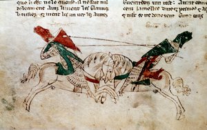 Cyclus van Koning Arthur: Slag van Lancelot en Tristan. Miniatuur uit De roman van Meliadus de Leonnoys: samen met verschillende andere nobele daden van ridder gedaan door Koning Arthur, Palamedes en Galliot de Pre door Rustichello door Unknown artist