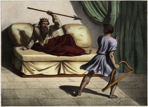 David speelt de cither voor koning Saul om hem te kalmeren. Anonieme gravure uit het midden van de 19e eeuw door Unknown artist