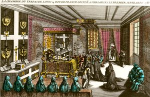 Dood van koning Lodewijk XIV: de rouwkamer van Lodewijk XIV (1638-1715), bekend als Zonnekoning, overleden in Versailles op 1/09/1715. Gravure uit de 18e eeuw Privécollectie door Unknown artist