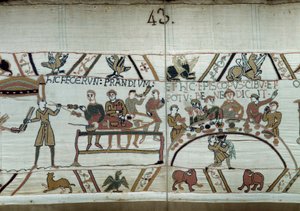 Aankomst in Engeland, de troepen van Willem de Veroveraar (1027-1087) houden een feest terwijl ze wachten om te vechten tegen de Saksische wapens van Harold II. Guillaume is omringd door baronnen en de bisschop Odon (detail) door Unknown artist