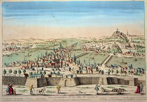 Detailweergave van de stad Lyon aan de oevers van de Rhône en de Saône. Gravure uit de 17e eeuw Parijs B.N.