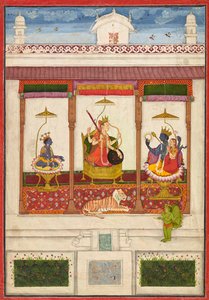 Devi met Krishna en Vishnu in een paleis door Unknown artist