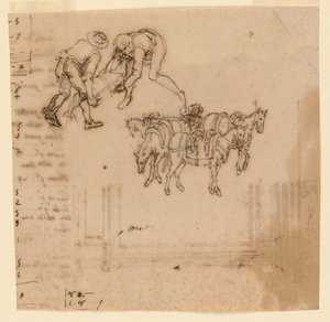 Tekening: A) Twee Mannen die een Koffer Dragen; Vier Muilezels met een Voerman. B) Ontwerp voor een Lijst door Unknown artist