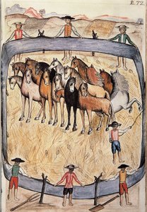 Africhting van wilde paarden, uit het boek "Trujillo del Peru" of "Códice Martínez Compañón", door Baltazar Martinez Compañón y Bujanda, bisschop van Trujillo (1782-1785)