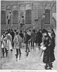 Tijdens de verkiezingsperiode in Parijs; posterplakkers tijdens de verkiezing van 27 januari 1889, hoogtepunt van de bakkerijcampagne - Musee Carnavalet. door Unknown artist