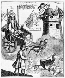 Nederlandse satirische prent tegen John Law (1671-1729), over de Mississippi-zaak