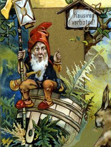 Dwerg of farfadet met lantaarn. 19e eeuw chromolithografie.
