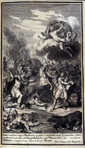 Enee, die Pandaros wil wreken, staat op het punt te bezwijken onder het gewicht van een grote steen die Diomede gooit. Terwijl Venus hem te hulp schiet, grijpt Sthelenos zijn wagen en paarden. Illustratie van boek V van de Ilias van Homerus, Franse editie door Unknown artist