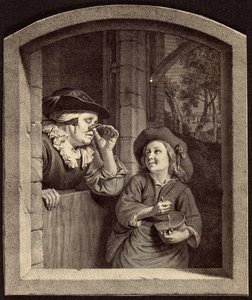 [Gravure van oude vrouw en jongen].