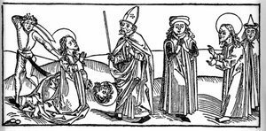 Episode uit het leven van Sint Jacobus de Meerdere: de heilige wordt onthoofd onder het oog van Herodes Agrippa, koning van Judea. Gravure uit 